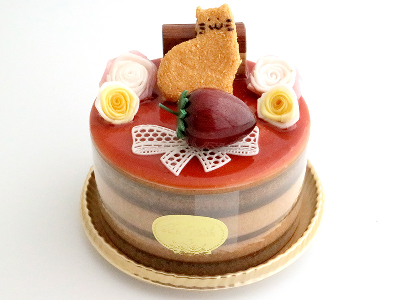 de272　ねこクッキーにいちご（3号ホール）ケーキオルゴール